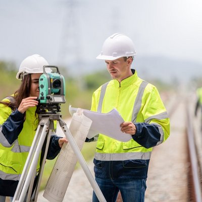 Zwei Personen in Sicherheitswesten und Schutzhelmen stehen auf einem Bahngleis.