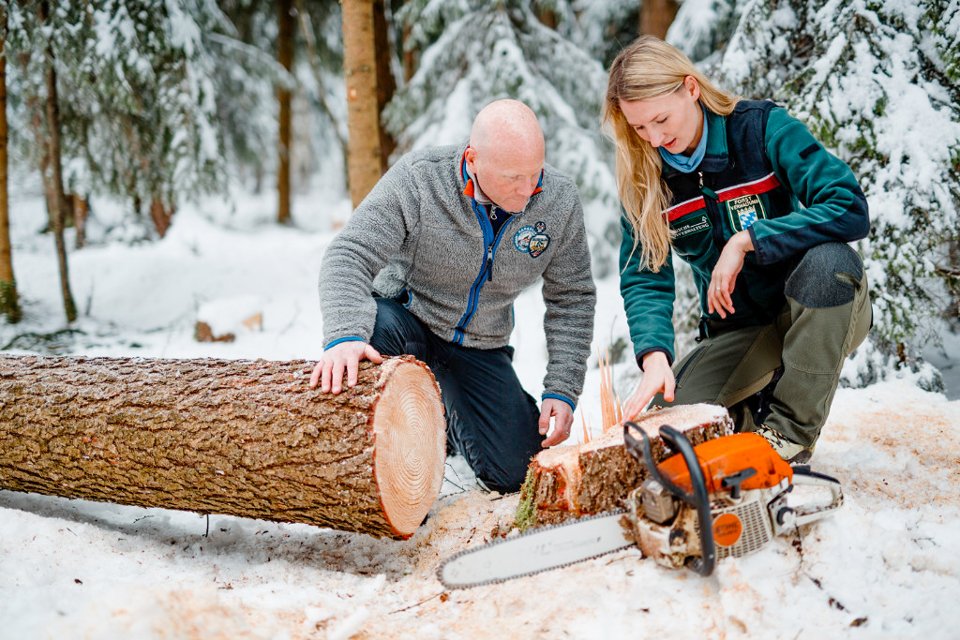 Zwei Personen sind im Winter im Wald und sägen einen Baumstamm.